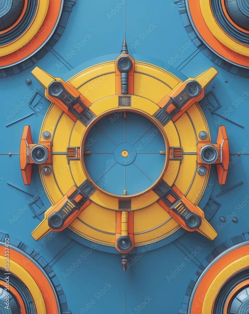 Poster an industrial-style geometric design with intricate circular shapes, gear-like components in a vibra