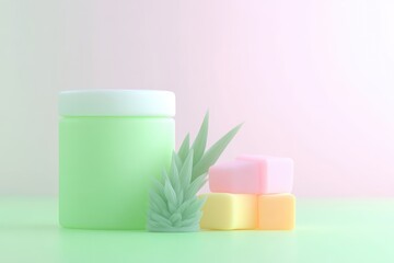 Pastel-colored cosmetic jar, succulent plants, and colorful cubes