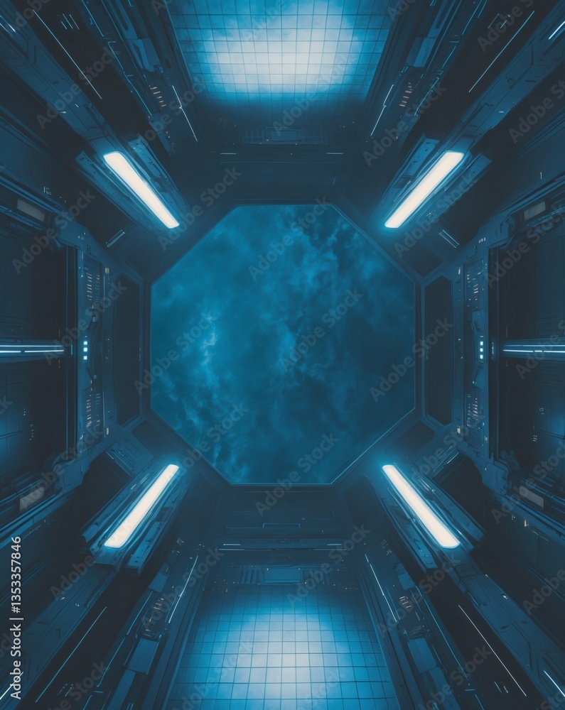 Poster a futuristic spaceship corridor with a view of space through an opening. The scene is illuminated by blue lighting, creating an atmosphere of science fiction and exploration. The walls are a sleek.