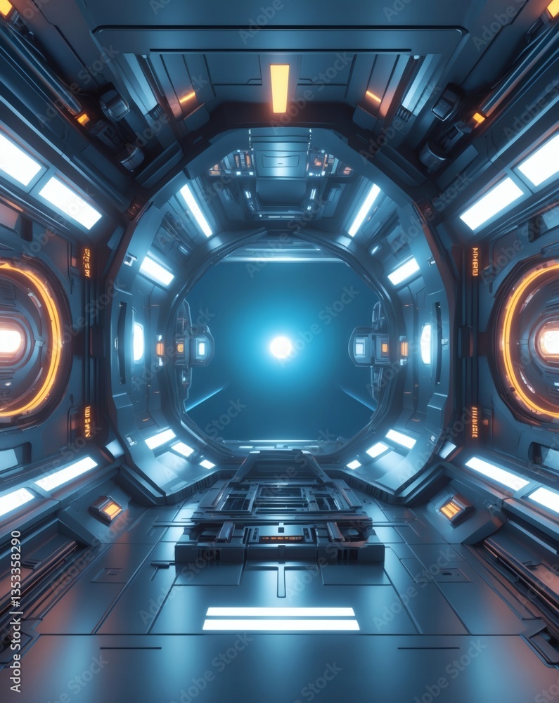 Poster A futuristic tunnel with a bright light at the end, illuminated by sleek neon lights and surrounded by a complex metallic structure.