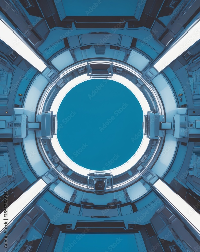 Poster futuristic spaceship interior with a circular viewport displaying a celestial blue sky. The metallic elements create a sleek and modern aesthetic