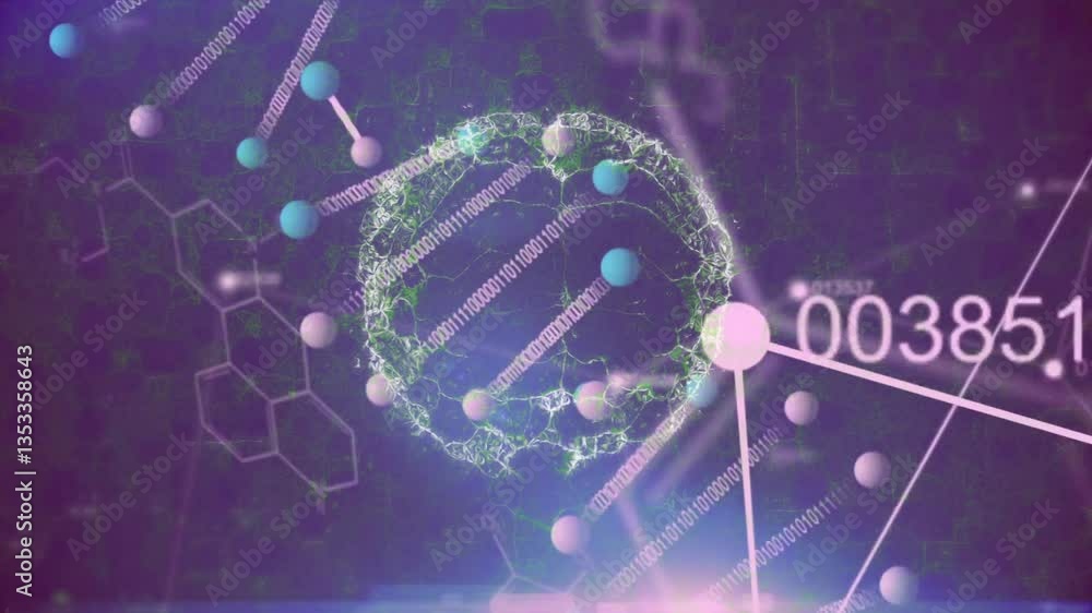 Poster binary coding animation with digital network and molecular structures visualized