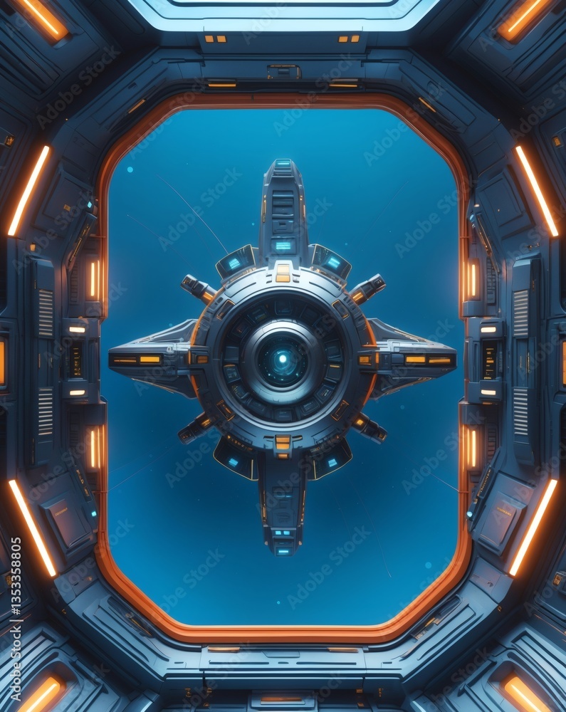 Poster a futuristic spacecraft viewed through a spacecraft window, capturing the essence of space travel. t