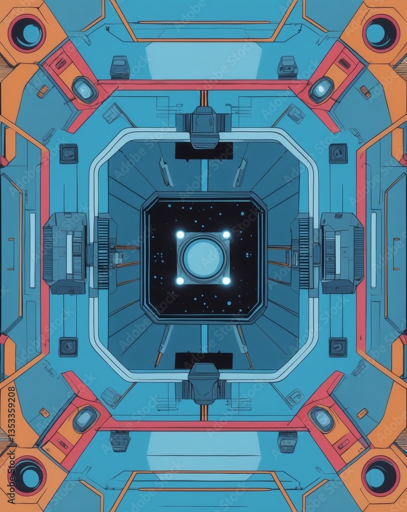 Poster futuristic abstract interior design, showcasing a symmetric pattern, perfect for science fiction or 