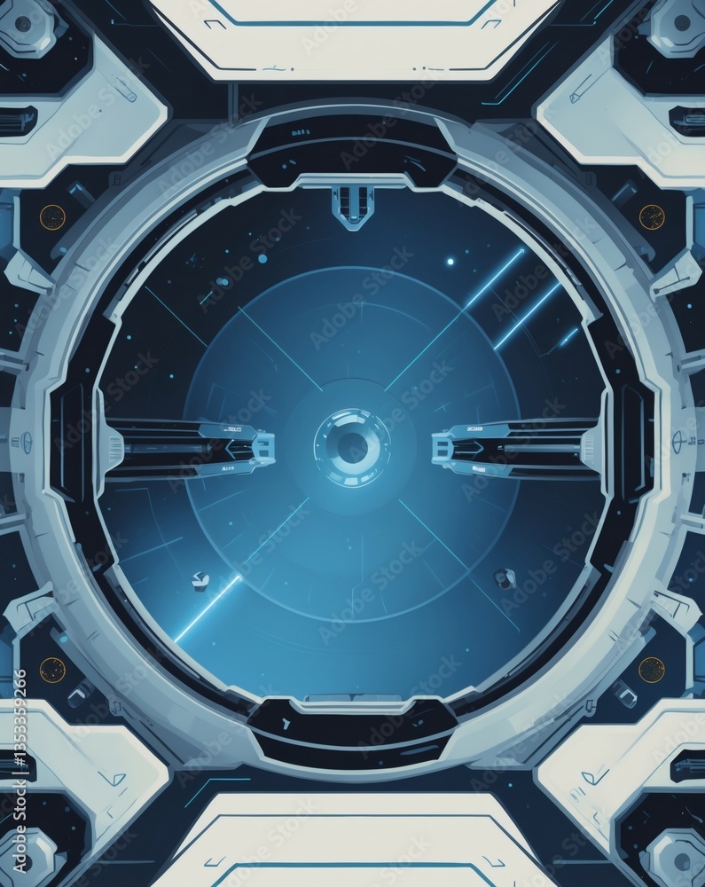 Poster futuristic spaceship interior with a glowing circular viewport, high-tech design and digital interfa