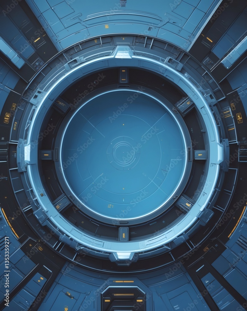 Poster a futuristic interior, featuring a circular structure with glowing elements, giving a sense of advan