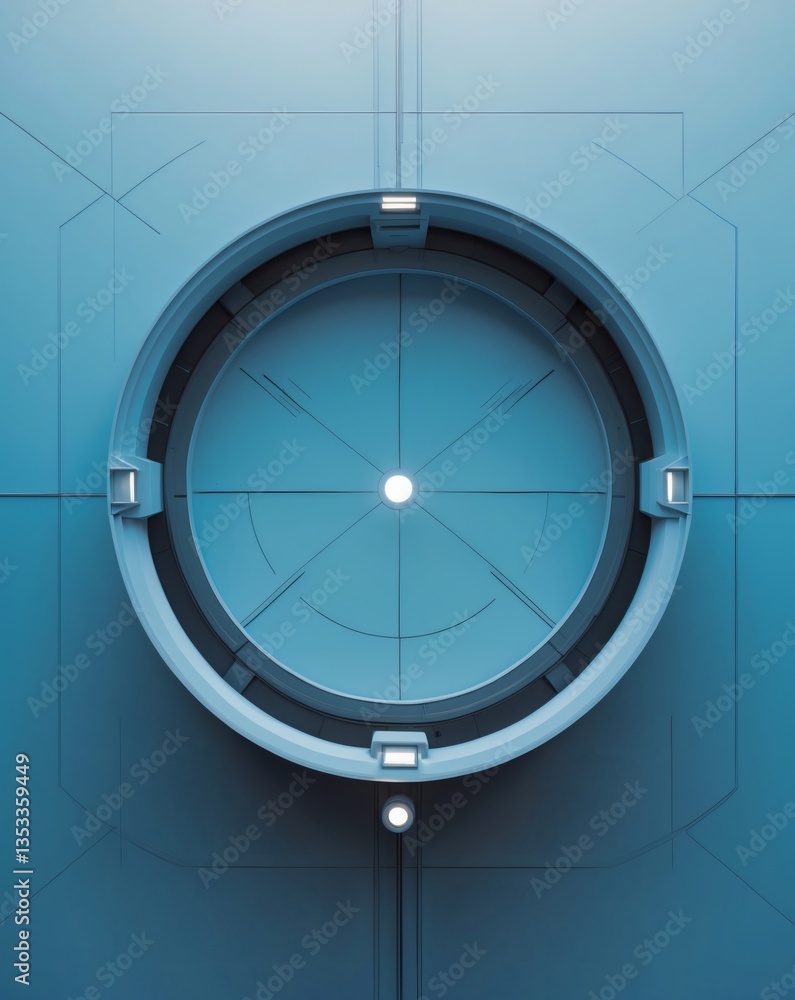 Poster a futuristic, abstract design featuring a circular shape in shades of blue, showcasing clean lines a
