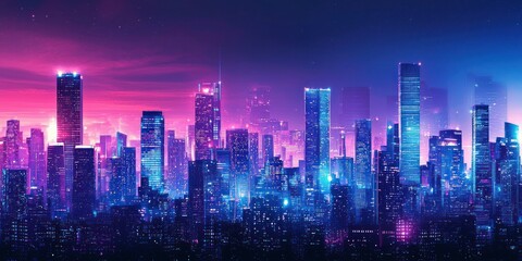A cyberpunk-inspired futuristic metropolis with electric blue and magenta lighting, towering buildings, and a neon skyline