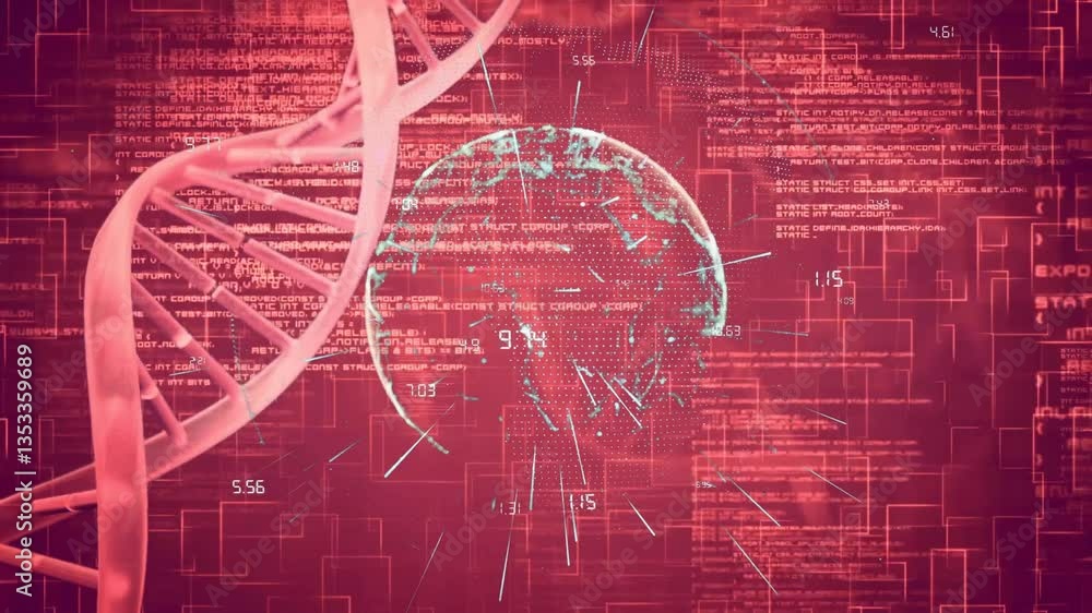 Poster animation of dna strand and digital brain processing data on red background