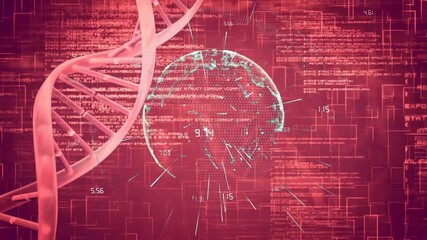 Animation of DNA strand and digital brain processing data on red background - Powered by Adobe