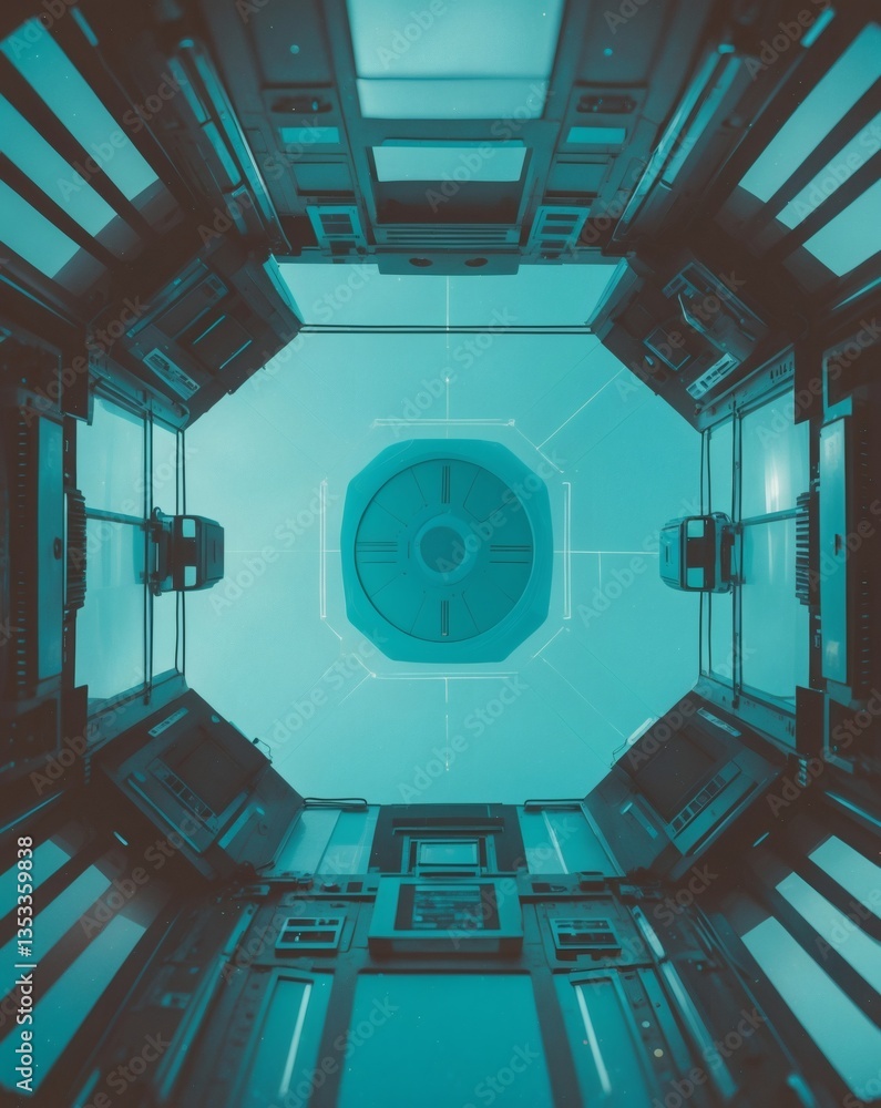 Poster a futuristic interior view from a spaceship looking towards the ceiling