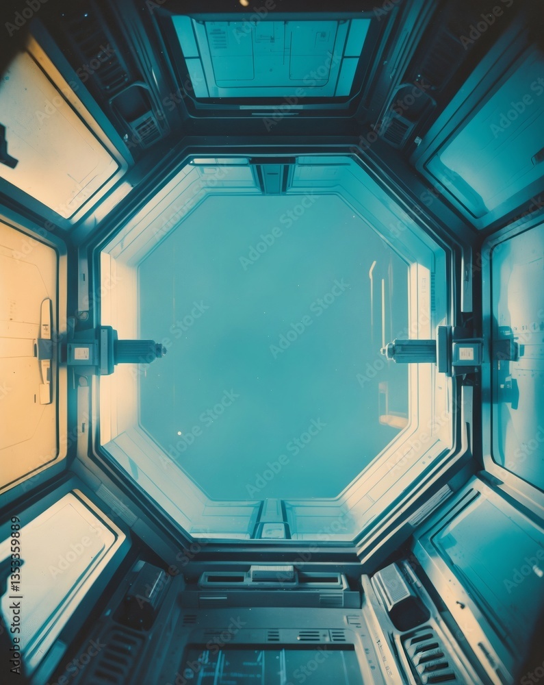 Poster a view from inside a futuristic spacecraft, looking out into the vastness of space through a unique octagonal window