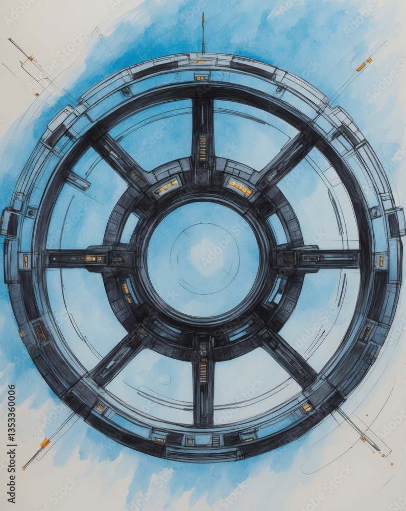 Poster a futuristic ring-shaped structure with architectural and engineering elements, with bright blue cen