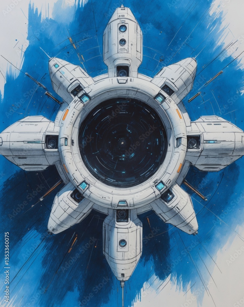 Aufkleber a futuristic space station in outer space. the design is high-tech and innovative, with intricate de