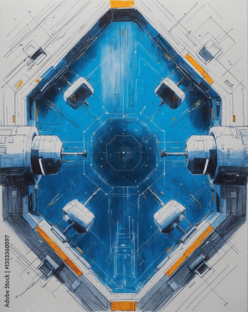 Poster an illustration of a spaceship interior, featuring futuristic technology and design, with a central 
