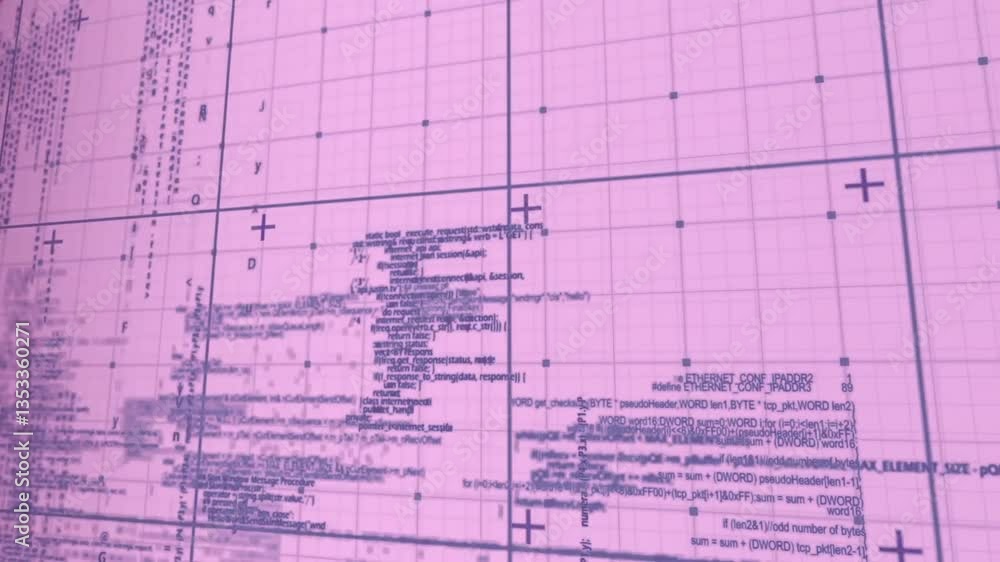 Poster animation with technical data and code on pink grid background for school projects
