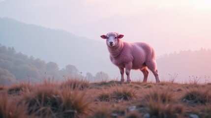 Colorful sheep stands alone on a grassy hill at sunrise, surrounded by soft mist and distant mountains, showcasing a unique pink hue