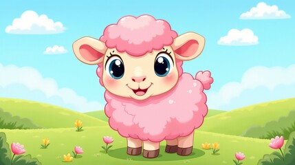 Cute pink sheep stands in a colorful meadow under a bright blue sky surrounded by flowers during a sunny day