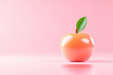 Peachy-orange apple, vibrant, glossy, and fresh.  A single,  3D rendered apple with a leaf, against a soft pink backdrop.  A reflection suggests a smooth surface