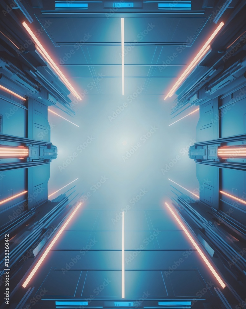 Poster a futuristic corridor or tunnel with glowing lights and a central focal point, evokes a sense of tec