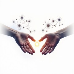 Two hands reaching towards each other, symbolizing connection and unity in a digital, abstract environment with glowing elements