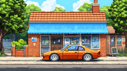 Pixelated Retro Orange Car In Front Of Blue Striped Store