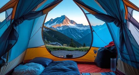Scenic Mountain View from Tent Entrance at Early Morning Camping
