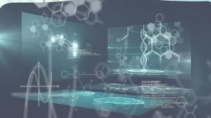 DNA strand and scientific data processing animation over digital interface - Powered by Adobe