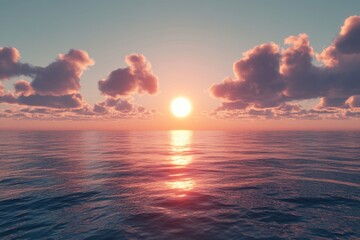Peaceful sunset over calm ocean, clouds reflecting golden light