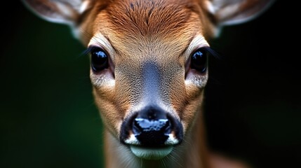 Close-up of a fawn's face, dark background.  Fawn's large, expressive eyes and soft muzzle are central.  Focus on the animal's features