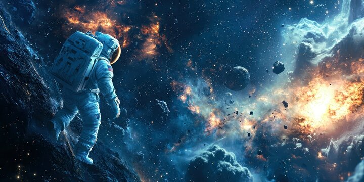 A deep-space exploration scene with astronauts discovering a new intergalactic civilization