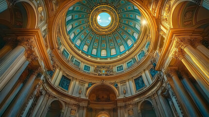A stunning architectural dome with intricate designs and a bright skylight.