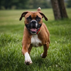 Boundless Joy: Playful Boxer Dog Running Through Lush Green Field with Tail Wagging