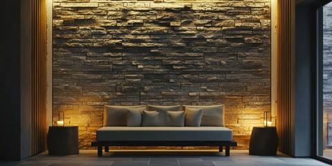 A designer stone feature wall with soft lighting emphasizing its texture