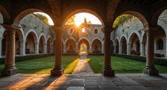 Serene medieval monastery with stone arches and garden under morning sun