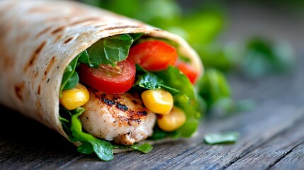 Grilled Chicken Wrap with Fresh Vegetables and Tomatoes on a Wooden Surface