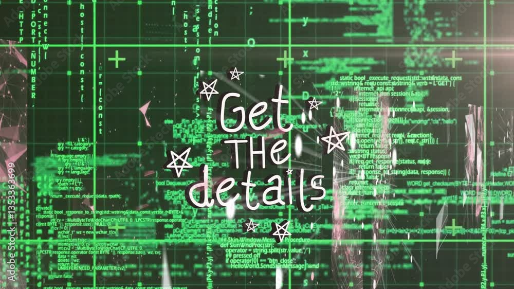 Poster animation of stars over green digital code background, creating dynamic effect