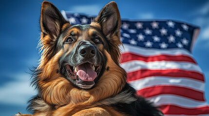 Happy German Shepherd dog celebrates independence day 4th of july, patriot, memorial day with American flag, copy space. Banner for website, invitation, poster, mobile, brochure