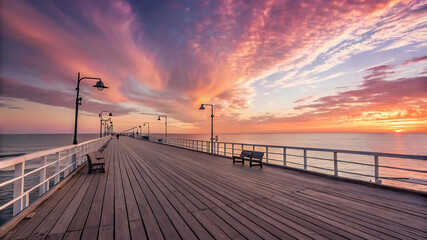 Serene Sunset Over Ocean from Wooden Pier Deck, Tranquil View