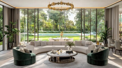 Fototapeta premium Elegant modern living room in neutral hues surrounded by nature hyperrealistic design bright environment