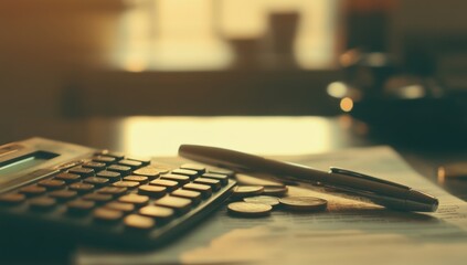 Fototapeta premium Financial documents, calculator, pen, coins. A close-up of financial documents, a calculator, pen, and coins on a desk. Sunlight illuminates the items, suggesting planning or calculations