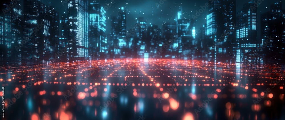 Poster futuristic cyberpunk cityscape with neon reflections and high-tech architecture