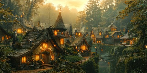 A fairytale-like village where houses emit a soft, golden glow from within
