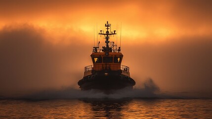 Obraz premium Tugboat sailing through fog at sunset.