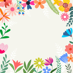 A vibrant floral frame with colorful spring flowers and leaves, perfect for invitations, cards, or backgrounds.