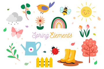 Cheerful spring-themed vector set with flowers, birds, bees, butterflies, the sun, and gardening elements.