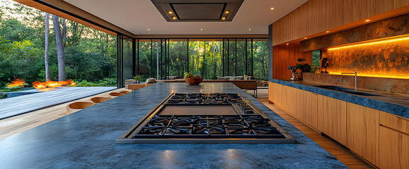 Modern Kitchen With Large Windows And Garden View