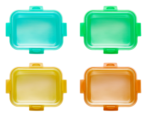 top view empty plastic lunchbox in four colors isolated on white background