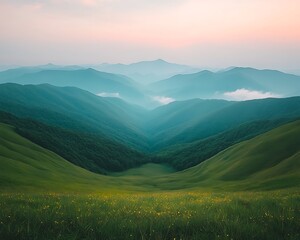 Fototapeta premium Misty Mountain Valley Sunset.