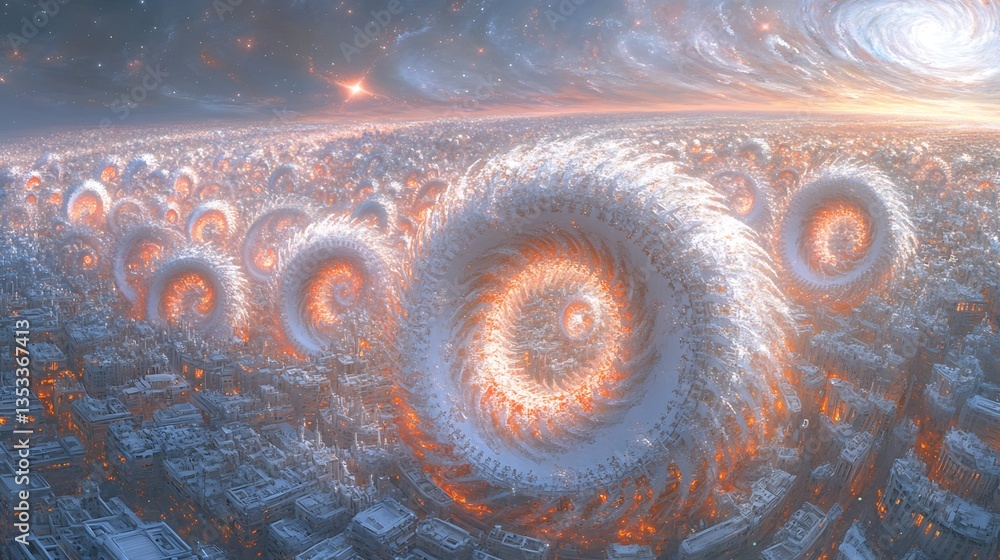 Poster an imaginary cityscape filled with spiraling architectural structures and starry skies